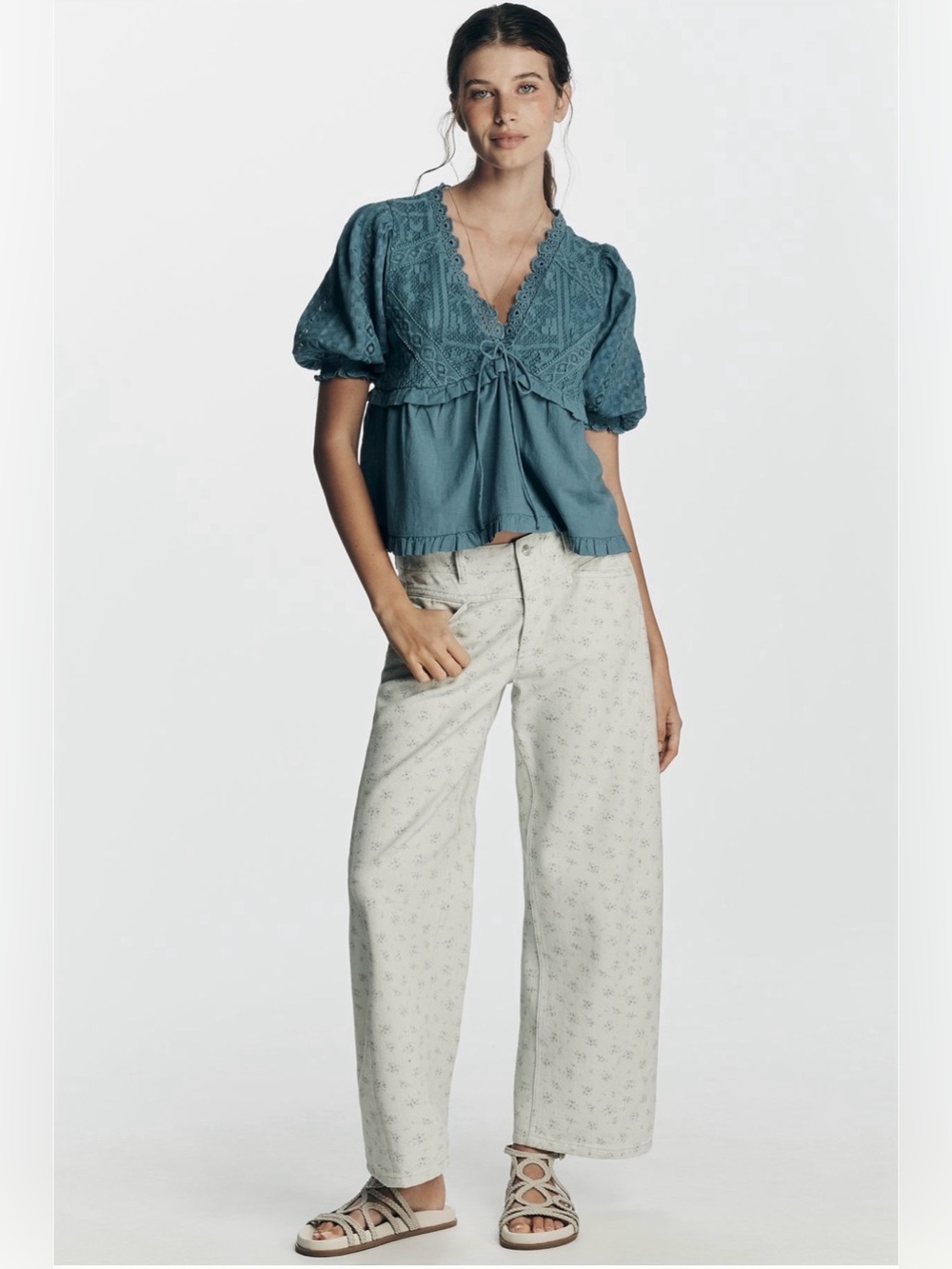 NWT Anthropologie V-neck Babydoll Top Blue Eyelet Lace S